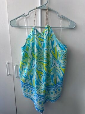 No Boundaries Blue & Lime Floral Halter Camisole with Chain Straps